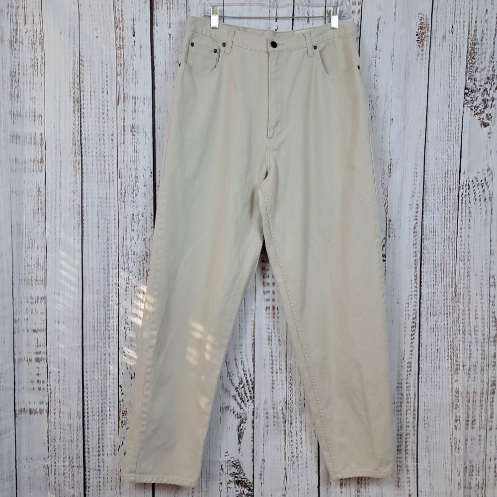 Vtg EDDIE BAUER 16 Womens Khaki High Waisted Loose Fit Denim Mom Jeans Utility